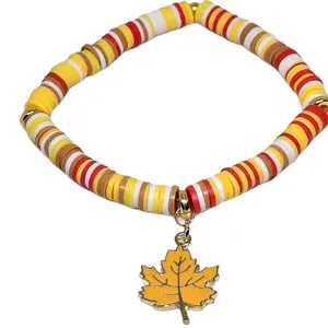 Candy Corn Charm Bracelet with Autumn Leaf Pendant - Colorful Beads Bracelet for Candy Corn Lovers