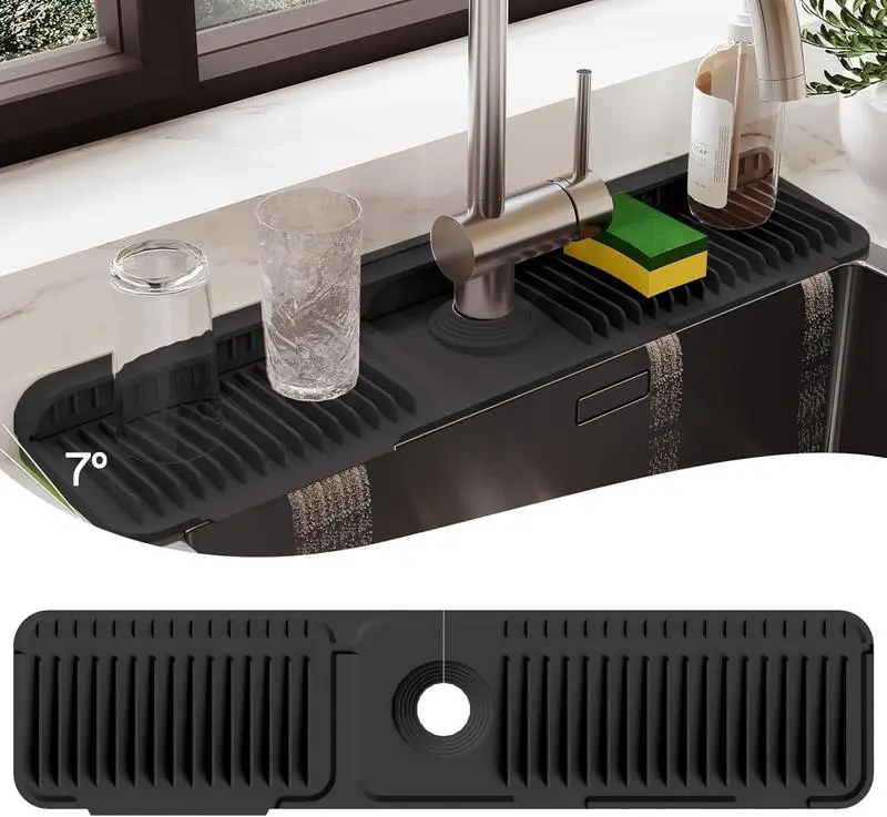 24 Inch Longer Faucet Mat for Kitchen Sink, 7° Slope Fast Self-draining, Kitchen Sink Splash Guard Silicone Sink Faucet Mat Splash Guard Kitchen Sink Area Tidy Splash Faucet Guard Draining Mat