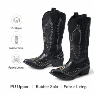 Maiqi Women's Black Western Cowboy Boots Embroidered Studded Pointed Toe Mid Calf Vintage Cowgirl Boots for Country Concert Festival Daily Wear