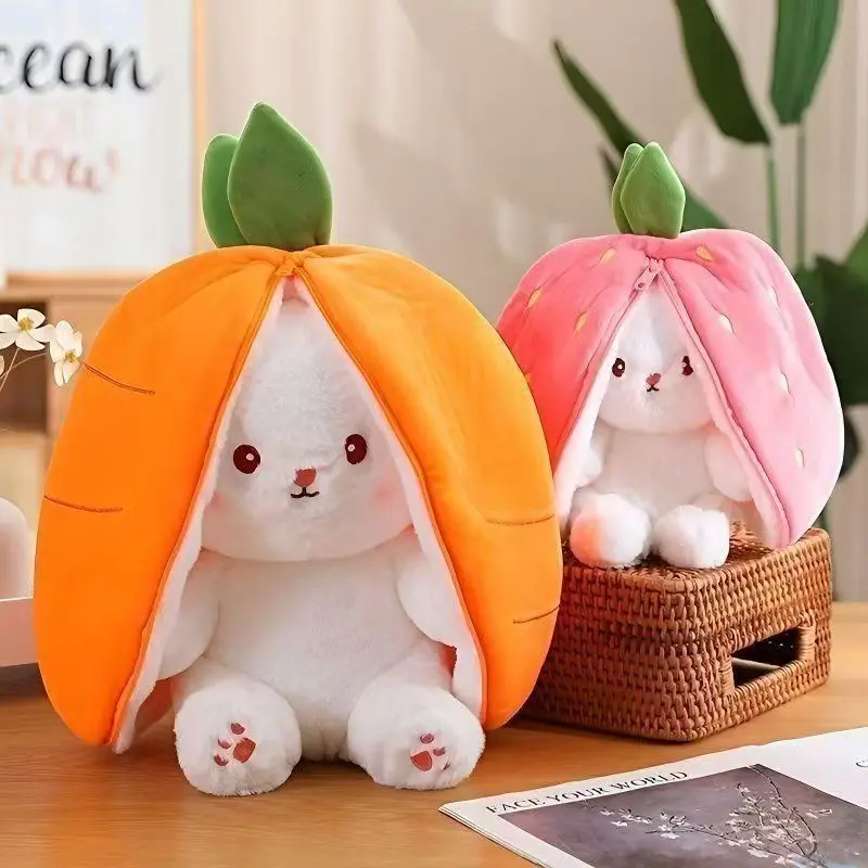 Unisex Cute Animals Hidden Zipper Fruit-Covered Soft Plush Stress Relief Sensory Toy - 2-in-1 Carrot Strawberry Transformable Rabbit Doll, Anxiety Comfort Pillow for Ages 4+ Teens Girls Bedroom Decor Gift, Fruit Covers