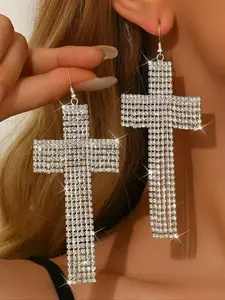 1 pair of gorgeous sparkling full diamond cross earrings, elegant and suitable for ladies to wear at parties and parties, the perfect gift for ladies