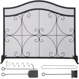 Fathersdaygift VEVOR Decorative Double Door Fireplace Screen, 38x26.5 In Heavy Duty Iron Freestanding Spark Guard with Support, Metal Mesh Craft, Broom Tong Shovel Poker Included for Fireplace Protection, Black, Double Door Design