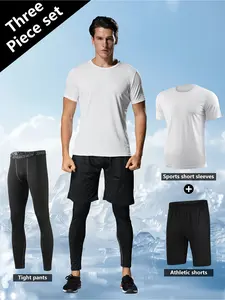 [Three-Piece Set] Summer Breathable Fitness Sportswear, Casual Activewear for Men, Suitable for Running And Gym Activities in Spring, Summer. Quick-Drying Tight-Fitting Gear for Morning And Evening Runs, Training, And Seasonal Workouts