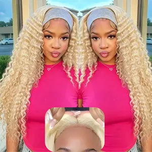 Hotlove 613 Blonde Deep Wave Lace Front Wig Human Hair 5x5 HD Lace Glueless Wig Wear and Go Human Hair Wig Pre Plucked with Baby Hair 250% Density Soft Full Curly Blonde Wig for Women