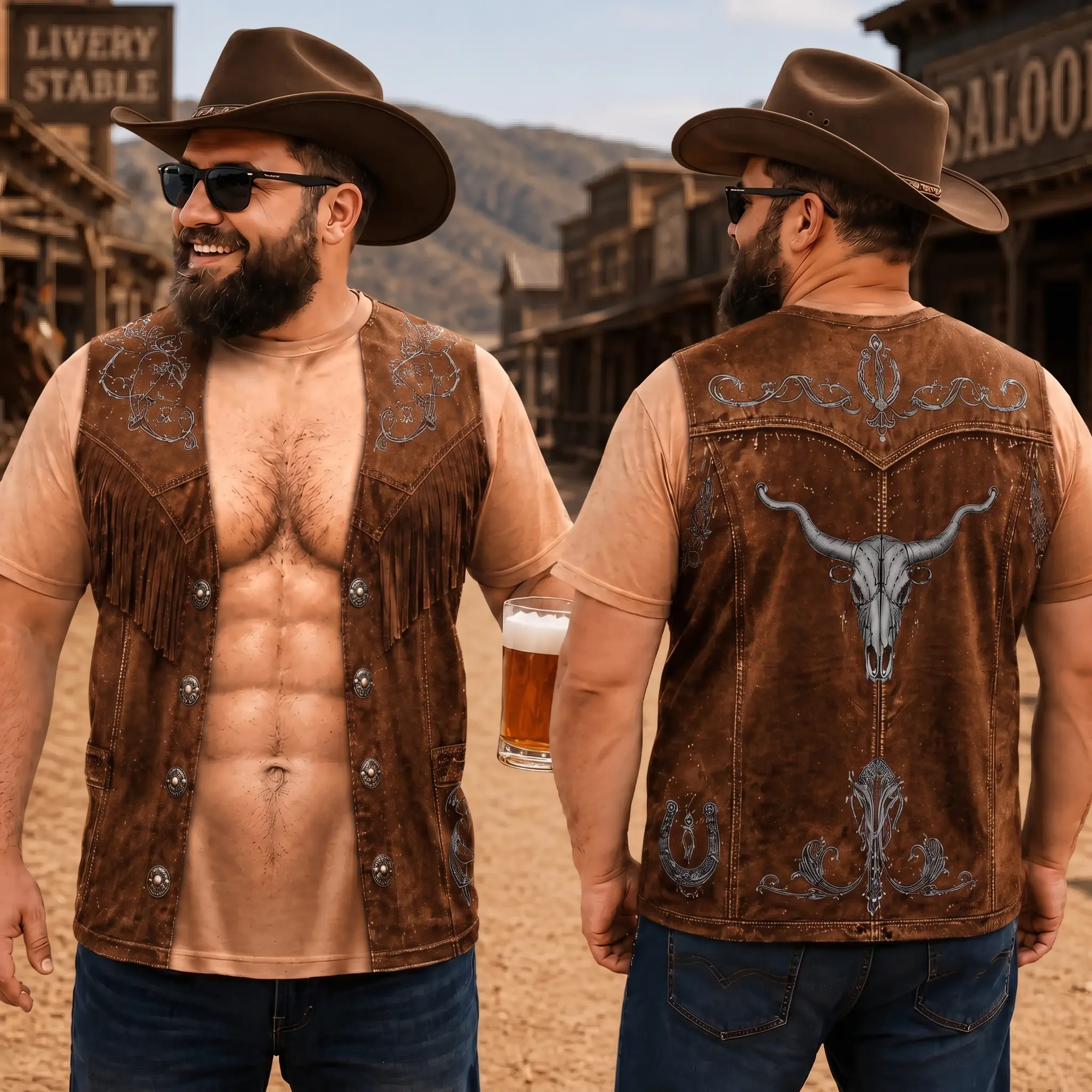 3D Cowboy Hairy Chest Costume Shirt, Funny All Over Print Western Tee, Wild West Rodeo Halloween Costume Shirt, Sarcastic Clothes, Gag Gift for Men, Abs Men Shirt
