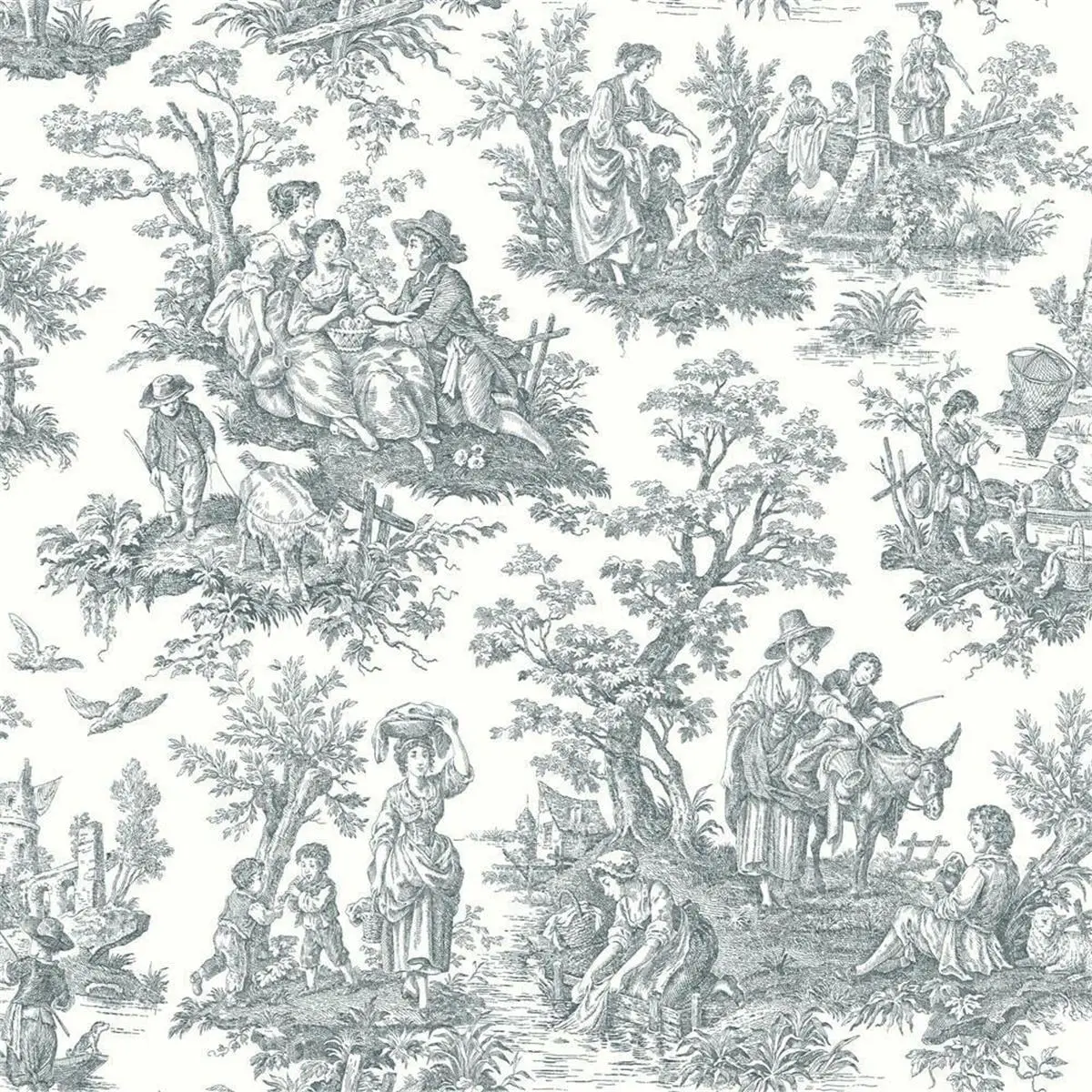 212 MAIN Country Life Self-Adhesive Toile Vinyl Print Peel-Stick Wallpaper, 20.5 In x 16.5 Ft Drop Match Single Roll, Gray, Repositionable, Easy Install, Indoor Use Hanging Decor for Bathroom, Living Room