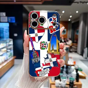 Dominican Republic Emblem Pattern Soft Case for iPhone 17 Pro Max Air 16 Plus 15 14 13 12 11 Elegance Luxury Golden Edge Electroplating TPU Phone Protection Cover Premium Slim Shockproof Lightweight Protective Cover