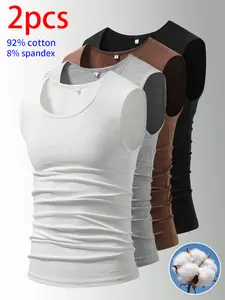 2-pack men’s tank tops: cotton and spandex tank tops with a crew neck and sleeveless design; stretchy, breathable, minimalist solid colors that are easy to match. Men’s underwear suitable for all seasons—ideal for everyday wear at home, casual commuting,