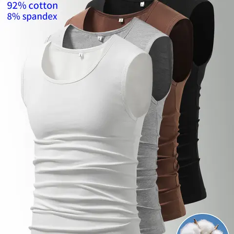 2-pack men’s tank tops: cotton and spandex tank tops with a crew neck and sleeveless design; stretchy, breathable, minimalist solid colors that are easy to match. Men’s underwear suitable for all seasons—ideal for everyday wear at home, casual commuting,