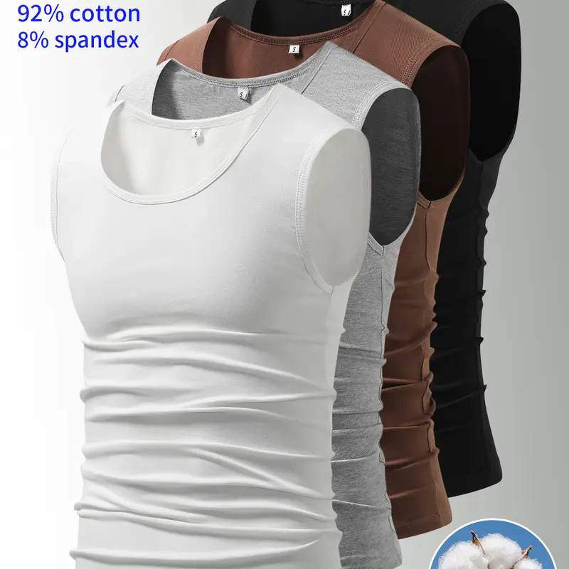 2-pack men’s tank tops: cotton and spandex tank tops with a crew neck and sleeveless design; stretchy, breathable, minimalist solid colors that are easy to match. Men’s underwear suitable for all seasons—ideal for everyday wear at home, casual commuting,