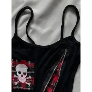 Japanese Skull Printing Tanks Y2k Aesthetic Plaid Patchwork Women Zipper Tank Top Harajuku Backless Vintage Sexy Punk Camisole