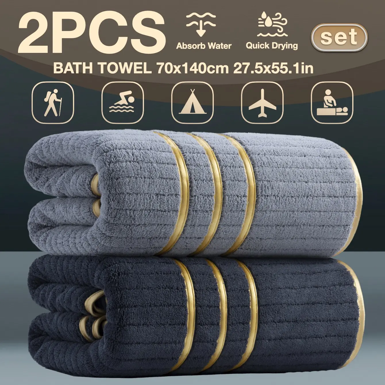 2-Pack Luxury Minimalist Gold Trim Embroidered Bath Towels, High-Density Ultra-Fiber Absorbent Soft Quick-Dry, Hotel Quality Spa Essentials
