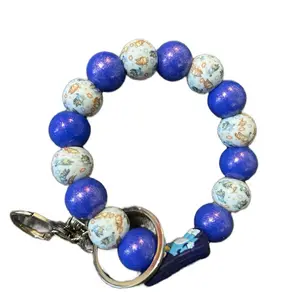 Bluey Beaded Keychain - Blue Beads with Decorative Patterns, Includes Keyring Attachment