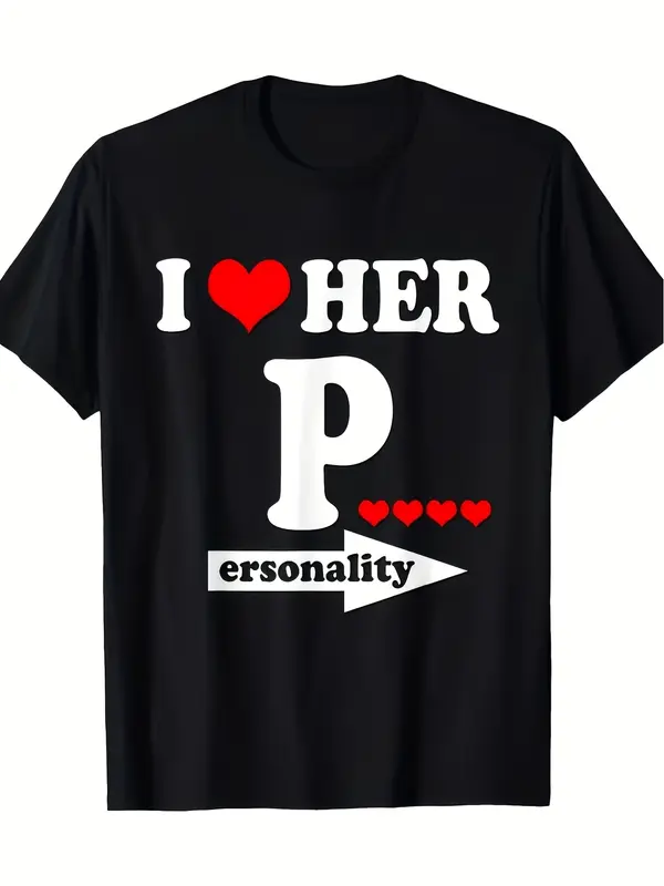 Men'S T-Shirt Featuring 'I Love Her' with a Red Heart Between 'I' And 'Her', And Four Red Hearts Above an Arrow. It Has a Crew Neck, Is Soft And Comfortable, And Is Part of a Limited-Time Flash