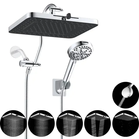 Hibbent cUPC Certified 13-in High-Pressure Dual Shower Heads Combo for Indoor Bath - Adjustable Handheld Showers (10-Setting, 71-in Hose), 5-Spray Rain Mode Rainfall Head (157-jet Full Cover), 12-in Extension Arm, Chrome Brass Alloy Wall Mount Holder