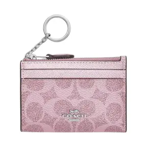 COACH Mini Leather and Canvas Wallet with Metal Zipper Closure for Women in Pink