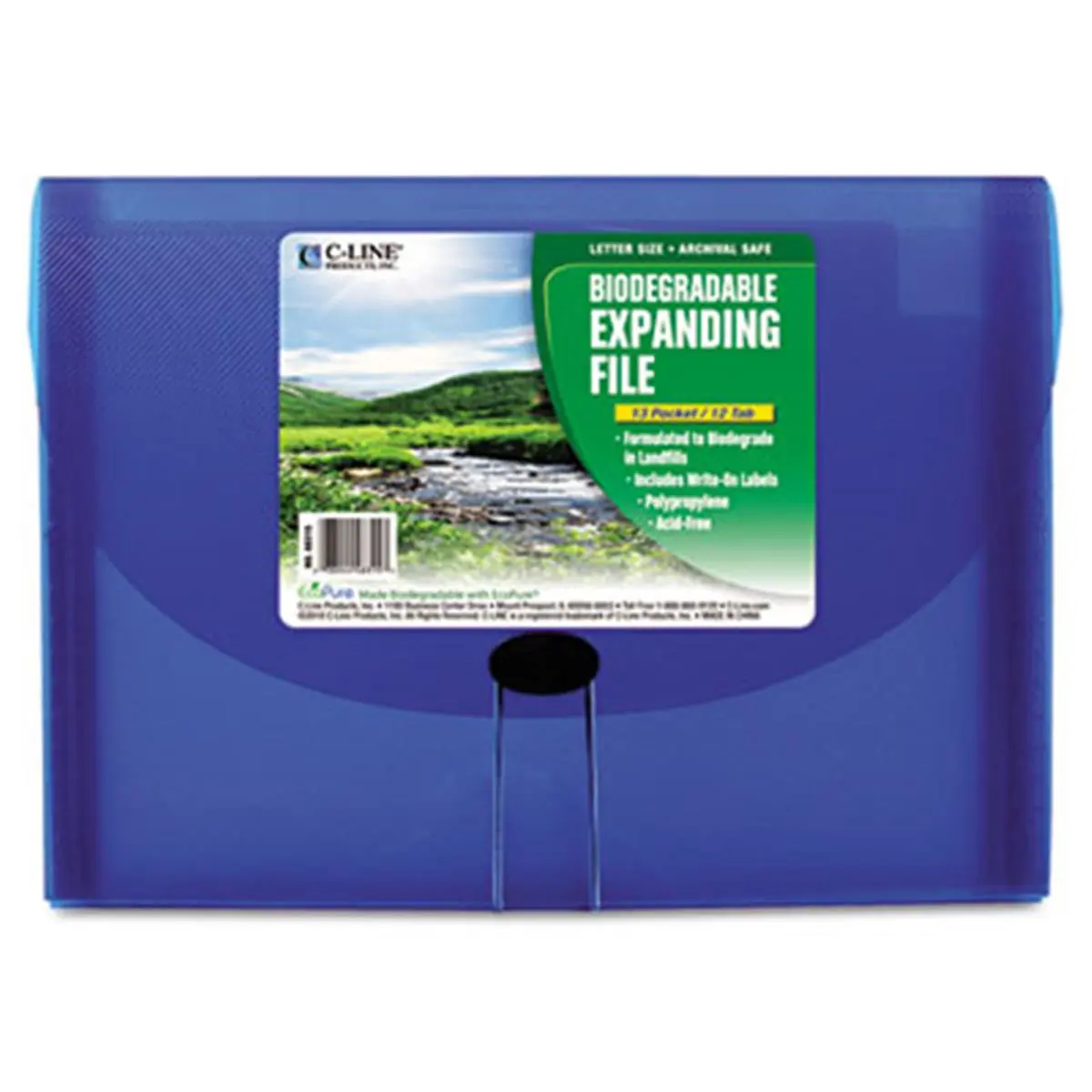 C-Line 48315 Polypropylene 13-Pocket Expandable Ecological File Folder, Top Tab, 12 Write-On Tabs, 13in Size, Biodegradable, Elastic String Closure, Blue Letter Size Office Filing Supply