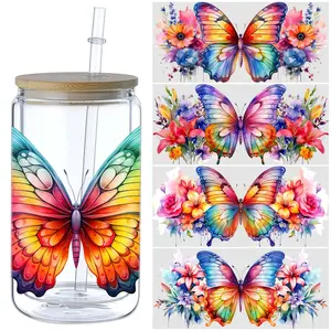 5 Sheets Butterfly UV DTF Glass Cup Wrap Transfer Stickers, DTF Transfer Stickers, Waterproof Wipe-Off Transfer