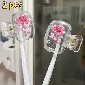 2pcs Pink Rose Blossom Portable Toothbrush Combination Set, Household Brush Clip Protective Cover Suitable for Home and Travel
