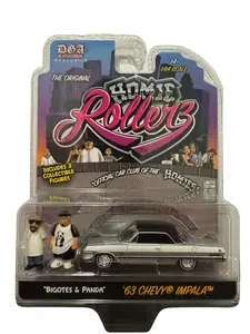 DGA x Greenlight Homie Rollerz 1963 Chevrolet Impala Hard Top Silver Diecast Metal 1/64 Scale with Bigotes & Panda Collectible Figures