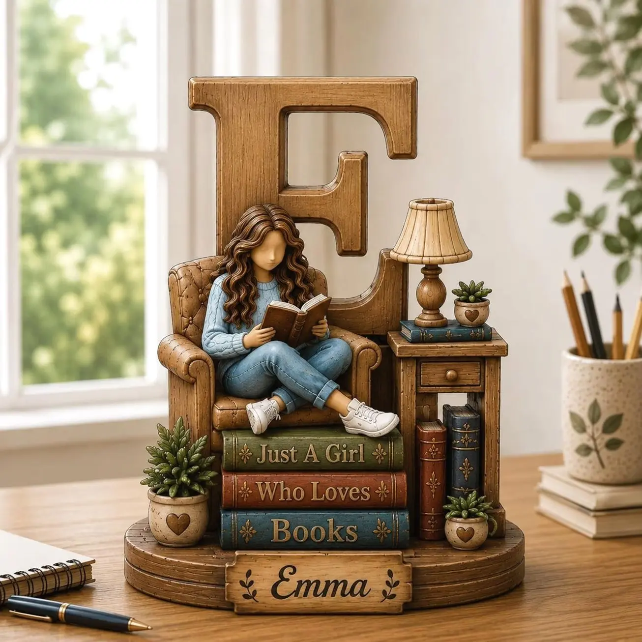Personalized Wooden Book Lover Figurine, Custom Initial Letter & Name Block, Reader Shelf Decor, Library Decoration, Book Lover Gift