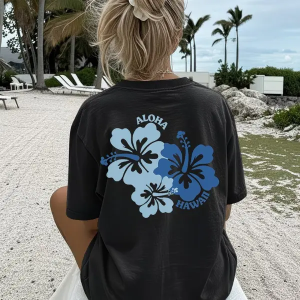 Blue Hibiscus Flower Back Graphic Tee Shirt, Coastal Granola Streetwear Tshirt, Y2K Hawaiian Cotton Tee