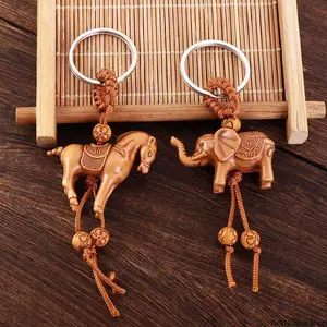 Hand Woven Chinese Knot Elephant & Lucky Horse Keychain, Cartoon Carved Bag Charm, Traditional Weaving Key Ring Holder, Fashion Lucky Pendant Accessory