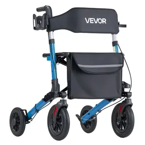 VEVOR Rollator Walker with Seat for Seniors, Ultra Compact 3-Fold Rolling Walker, Lightweight Aluminum Mobility Walking Aid with PU Solid Wheels, Adjustable Handle, Cup & Cane Holder - Supports 300LB