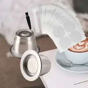 Reusable Espresso Capsules Refillable Coffee Pods Stainless Steel Cups Filters Compatible for Nespresso Original Line Machines with Aluminum Foil Seals Stickers Lids 2PCS Cups 100PCS Lids