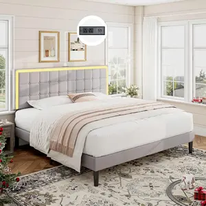 AMERLIFE Bed Frame with LED Headboard, Linen Button Tufted Upholstered Platform Bed with USB Charging Station, Strong Wooden Slats Support, No Box Spring Needed