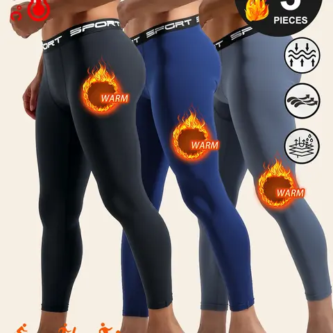 Men's 3PCS Polyester Synthetics Thermal Compression Shaping Leggings - Skinny Sportswear, Slim Cut for Sleek Movement, Outdoor Warm Layer, Winter Run Comfort, Made for Running, Yoga, and Gym Days, Multi-Function Bottoms