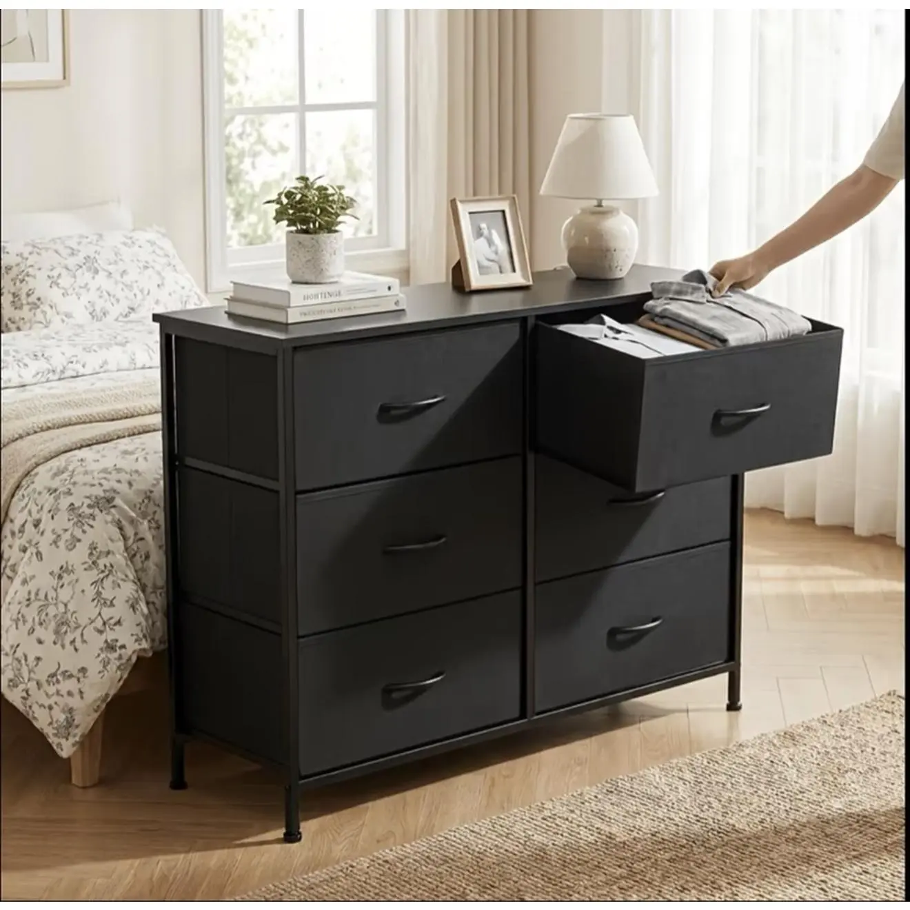 Rustic Short Legged 6 Fabric Drawer Cabinets with Wooden Top Platform Sturdy Metal Frame for Storage Bedside Tables Dressing Cabinets