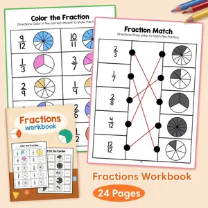 24 Pages Kids Fractions Workbook - Color & Match Fraction Math Activity Book for Elementary Students, Visual Learning for Basic Fraction Concepts