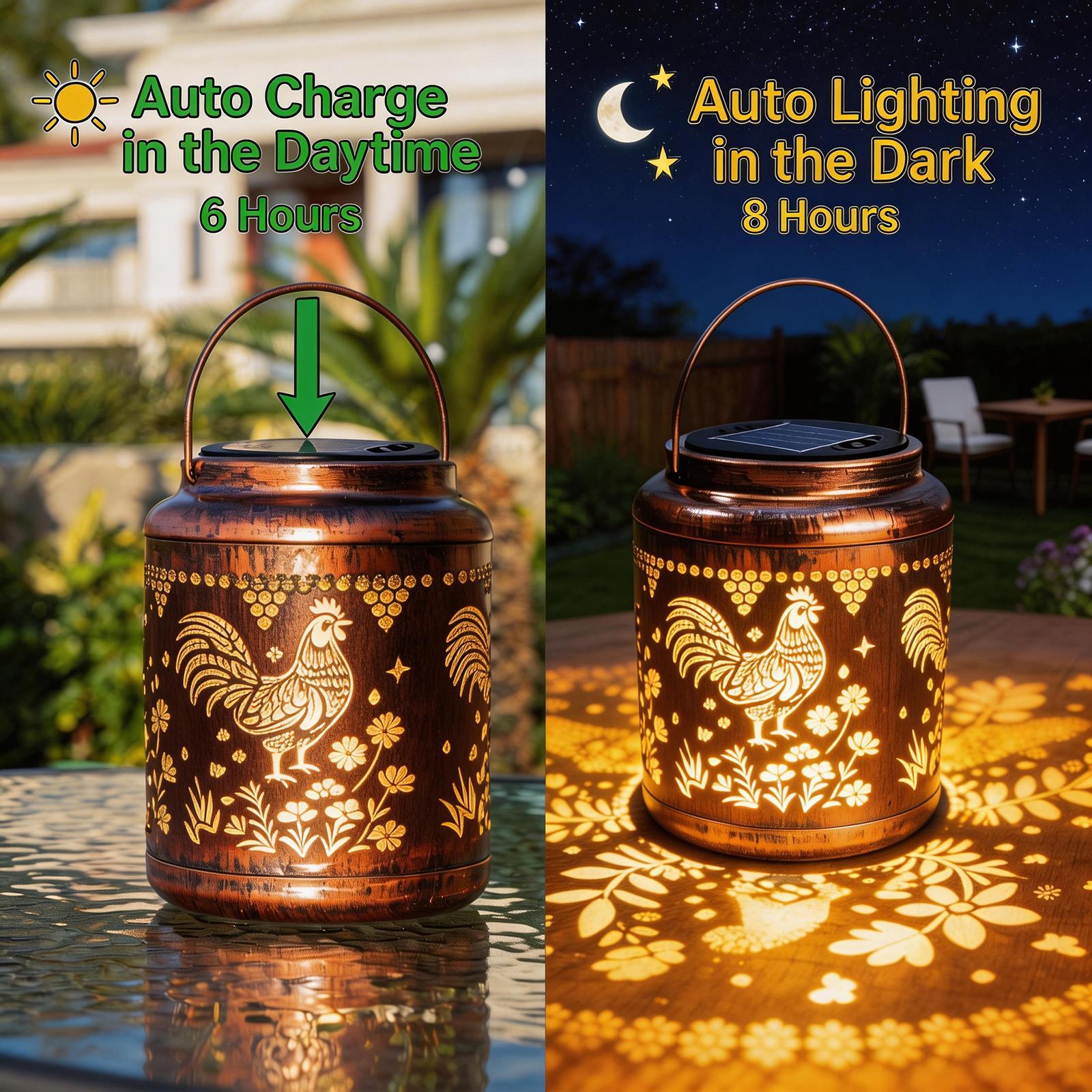 Solar Lantern Outdoor Hanging - Led lights Rooster Cutout Metal Cylinder Light with Hollow Design - Waterproof Garden Decor for Patio Pathway - Auto On/Off Night Lamp for Yard Gifts -Hanging Metal Cylinder Light for Garden Patio Decor