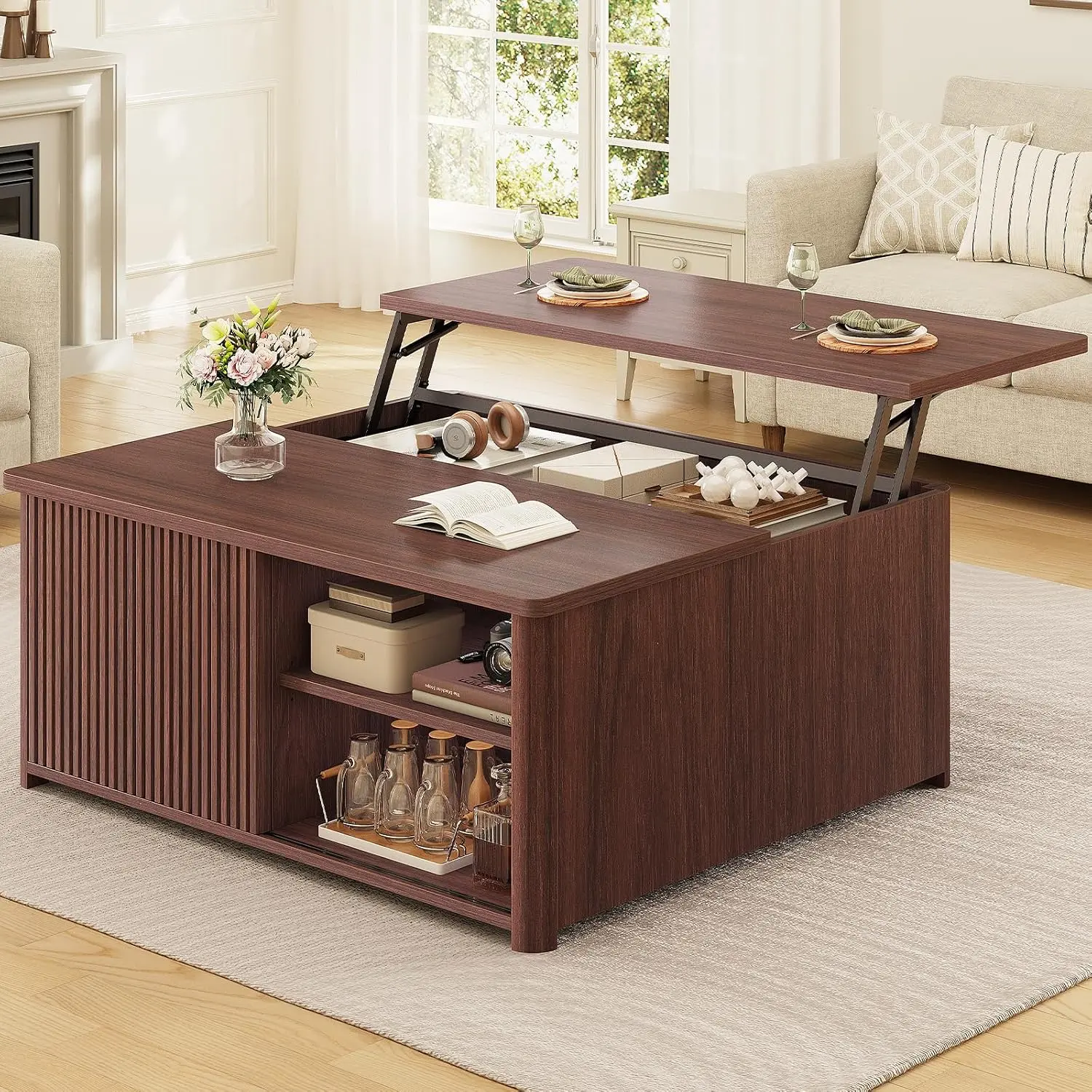 SEDETA 31.5" Lift Top Coffee Table with Storage, Square Coffee Tables for Living Room, Fluted Coffee Table with Large Hidden Storage Compartment and Adjustable Shelves