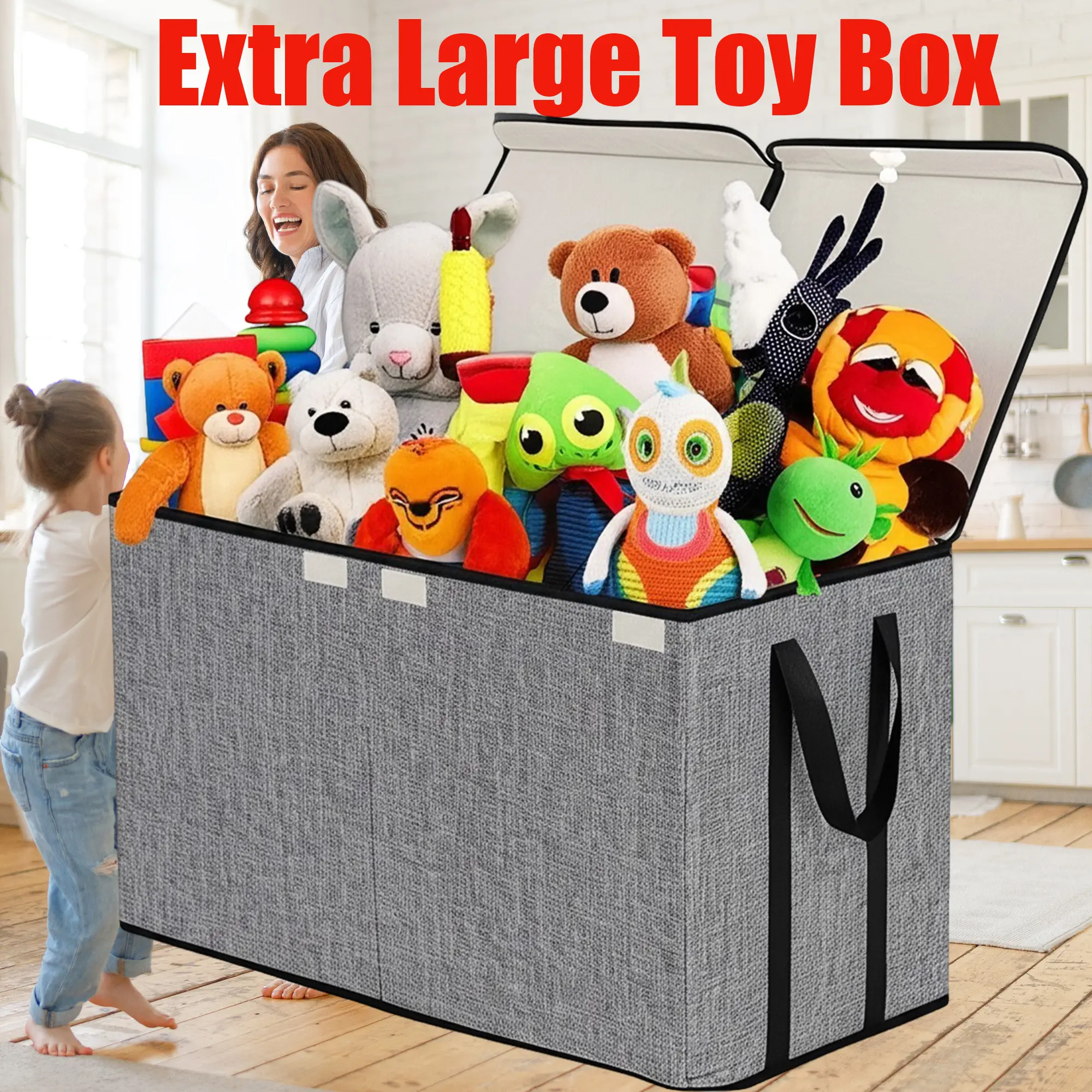 Multipurpose Kids Toy Chest - Sturdy Collapsible Storage Bin with Lid - Large Organizer Basket for Nursery, Playroom, Bedroom & Closet. Linen Decorative