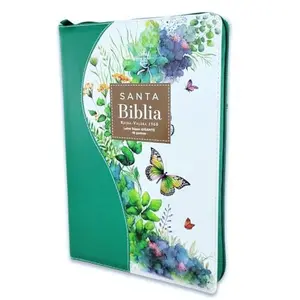 Biblia para Mujer con Cierre Letra Super Gigante Manual 19 puntos RV1960 imit piel floral mariposa verde con indice y canto floral