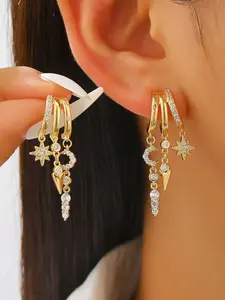 1 Pair Triple Copper Zircon Earrings, 14K Gold Plated Copper Earring Post, Elegant Ethnic Design, Perfect for All Seasons, Ideal Gift for Women, Statement Earrings