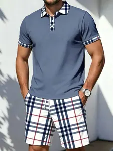 Men's Casual Plaid Polo Shirt & Shorts Set, Summer 2-Piece, Short Sleeve, Loose-Fitting, Regular Length, Graphic Pattern, Menswear
