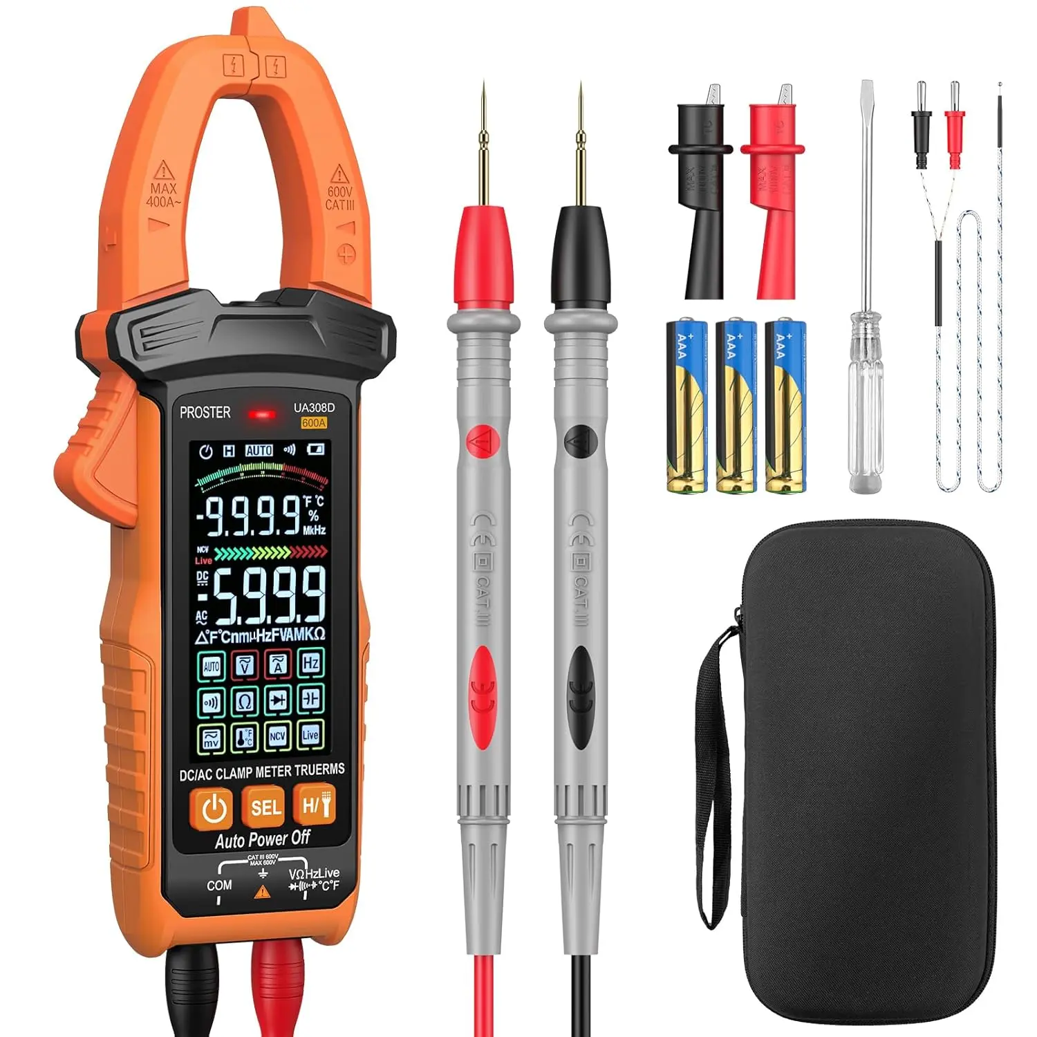 Proster Digital Clamp Meter, 600A DC AC Current, 600V AC/DC Voltage NCV Continuity Capacitance Resistance Frequency Diode Hz Test