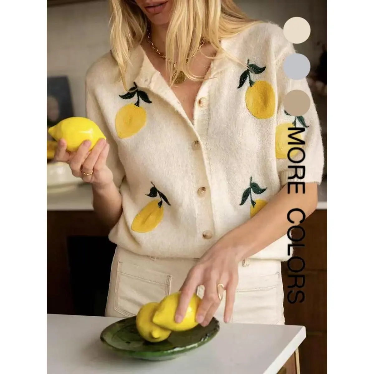 (New) Women's Fitted Lemon Embroidery Short-Sleeve Knit Cardigan, Casual Daily-Wear Knitwear, All-Seasons Sports & Outdoor Top, Hand Wash Only, Knitting, Fruits, Lemon Pattern, All Season