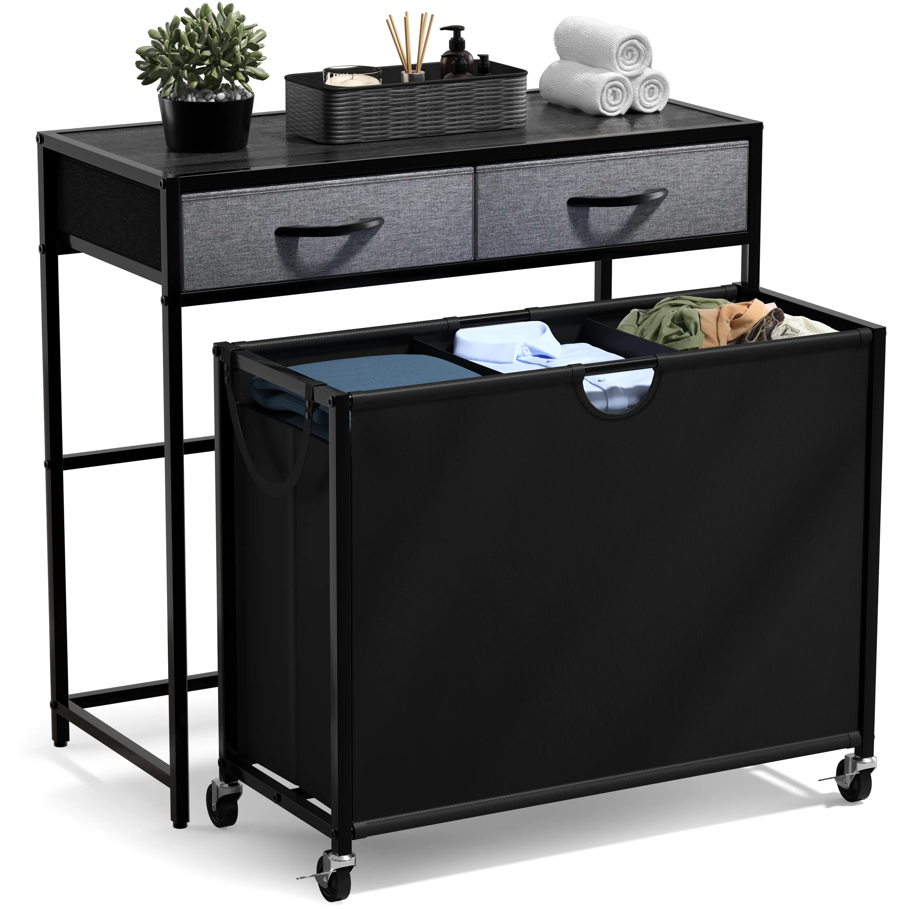 Sorbus Dresser Laundry Organizer - 3-Section Pull-Out Portable Wheeled Dirty Clothes Basket, 2 Drawers for Laundry Room Organization