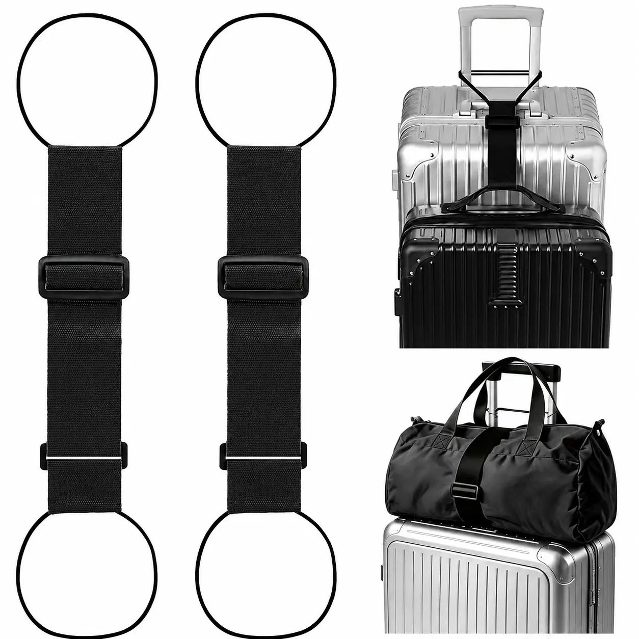 2 Pcs Black Heavy-Duty Adjustable Luggage Connecting Straps - Anti-Theft Binding Tool for Multi-Bag Stacking, Long-Distance Travel - Compact Baggage Organizer