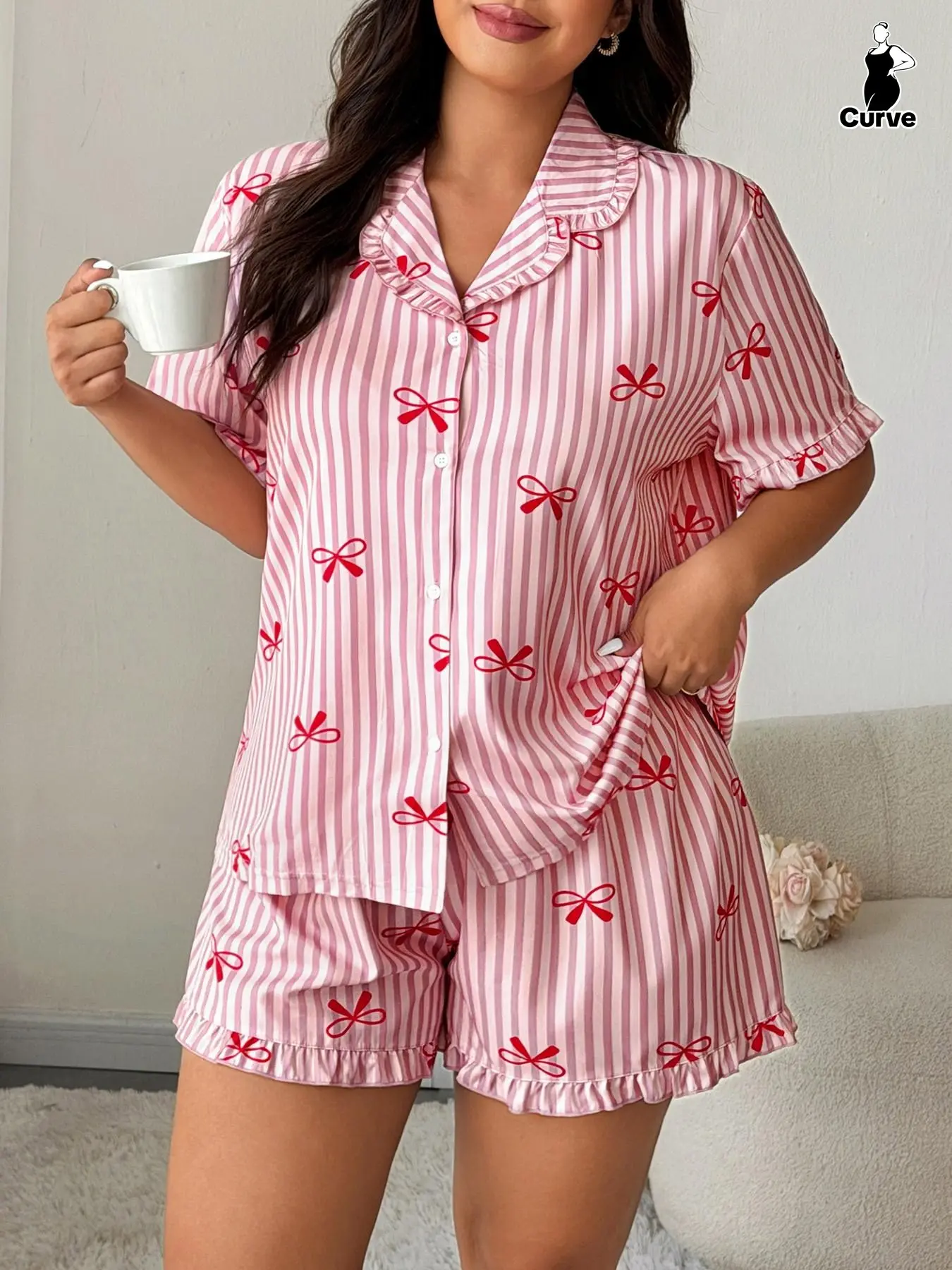 Women's Plus Size Bow Stripe Print Pajama Set, Ruffle Button Collar Short Sleeve Top + Animal Print Shorts, Casual Comfort Sleepwear Pjs Loungewear Pyjamas