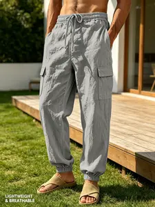 Hot Sale Summer Men's Linen Cargo Jogger Pants, Casual, Breathable Textured Fabric, Cool & Sweat-Free, Multi-Pocket Design Full of Retro Workwear Vibe, Drawstring Elastic Waist, 8 Colors Available, Perfect for Beach, Vacation, Commuting & Daily Wear