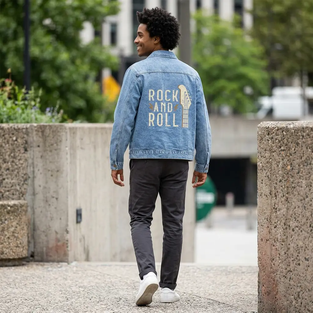 Rock and Roll Guitar Denim Jacket | Retro Band Graphic Jacket