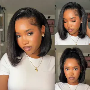 Recool Hair Ready To Go 3 In 1 Half Wig Kinky Straight Bob Wig/Yaki Body Human Hair Wig With Drawstring Minimal/No Leave Out Upgrade Wigs for Black Women No Sew in No Glue Glueless Clip In Half Wig