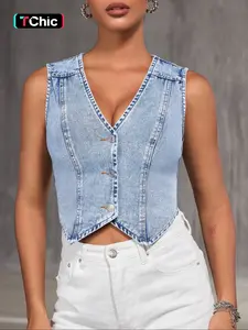 Women's Summer V-Neck Slim-Fit Denim Vest, Casual Fashion Blue Washed Light Wash Sleeveless Waistcoat, Trendy Irregular Hem Design