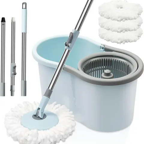 Mini Mop and Bucket Set with Wringer - 360° Spinning Head, 50" Adjustable Height 304 Steel Resists Daily Wear Handle, 3 Machine-Washable Microfiber Deep-Cleaning Heads, Splash Guard, Back Care Disabled-Friendly Indoor Wet/Dry Home Care Tool