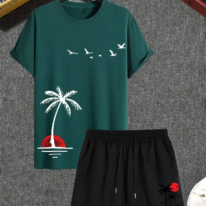 Men's Landscape Print Sleep Tee & Drawstring Shorts Pyjamas Set, Regular Fit Round Neck Short Sleeve T-Shirt & Elastic Waist Shorts PJ Set, Casual Comfy Men's Sleepwear & Loungewear Set for All Seasons, Nightwear, Pajamas Set